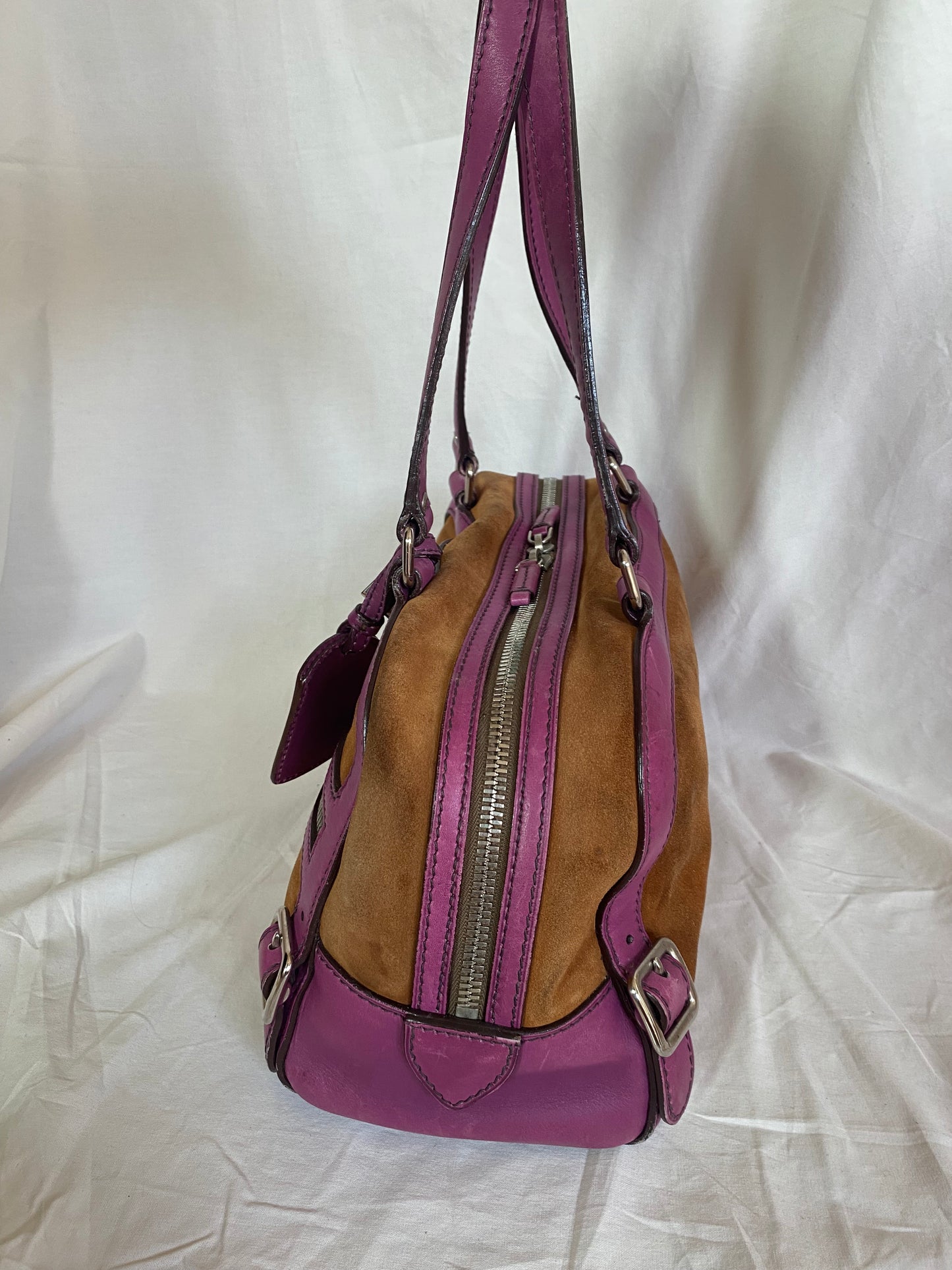 Prada Vitello-Trimmed Canapa Bowler Bag Suede, Pink Trim Leather Details