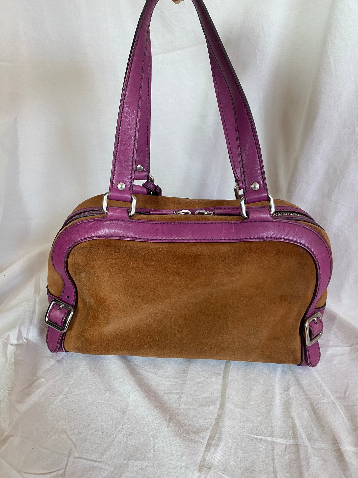 Prada Vitello-Trimmed Canapa Bowler Bag Suede, Pink Trim Leather Details