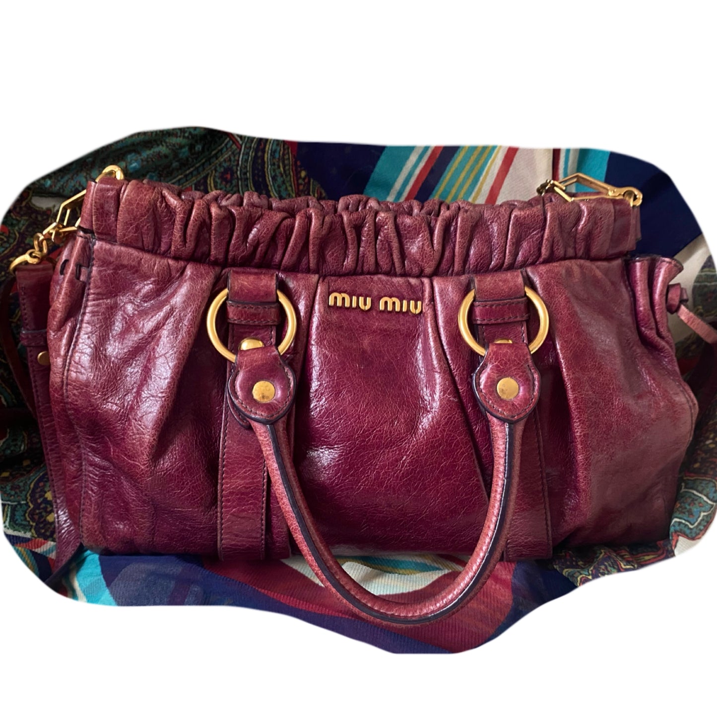 Miu Miu Vitello Lux 2-Way Leather Handbag Dark Fuchsia