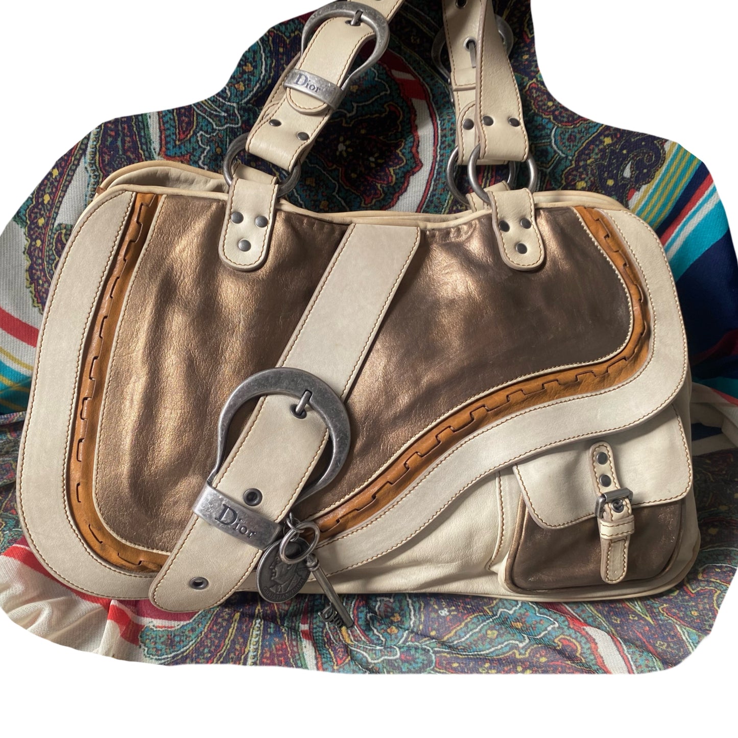 (refurbished) Christian Dior Gaucho Large Double Saddle Leather Shoulder Bag, Cream 2006
