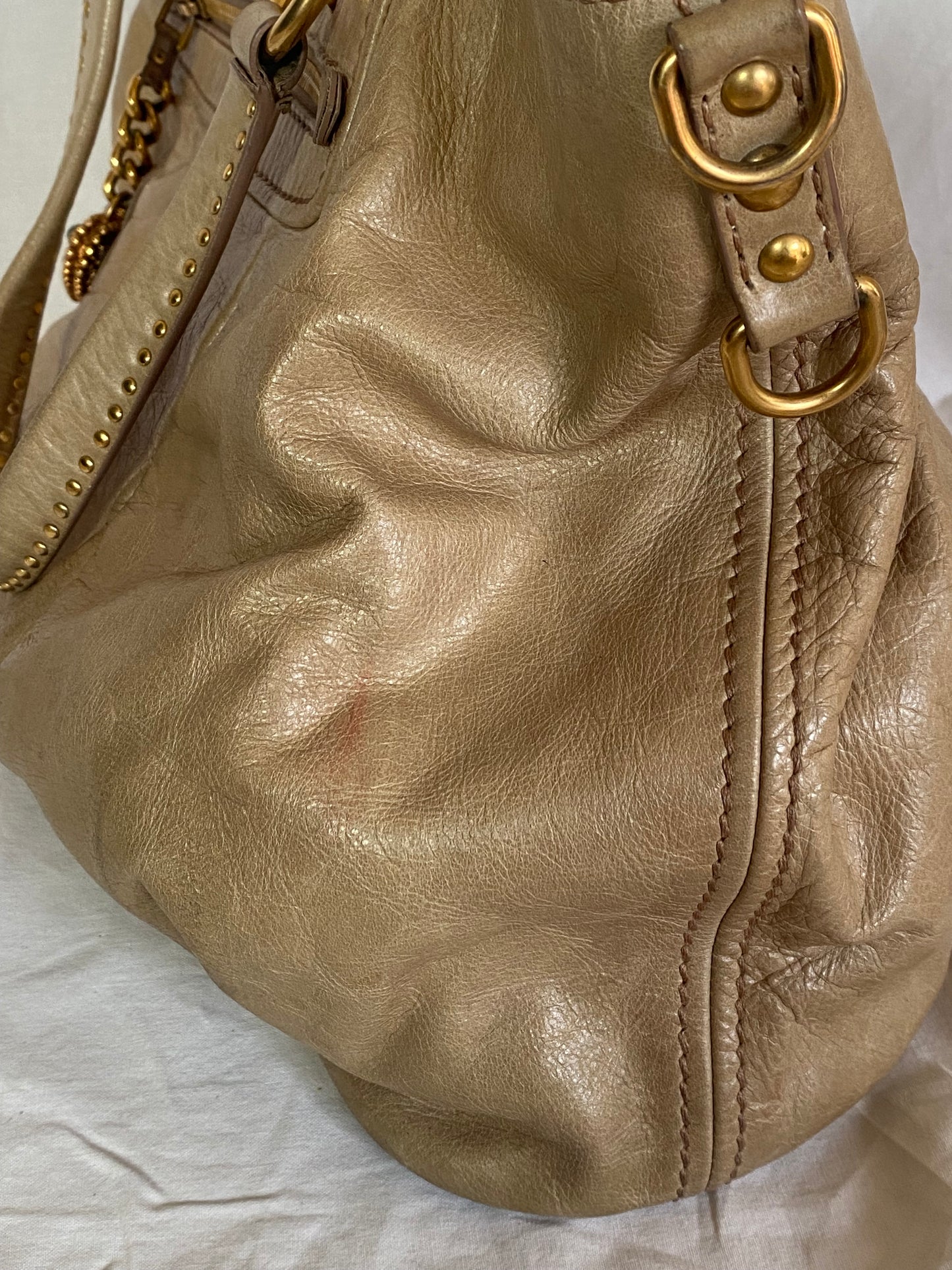 Miu Miu Vitello Lux Studded Heart Charm Tote Bag Beige
