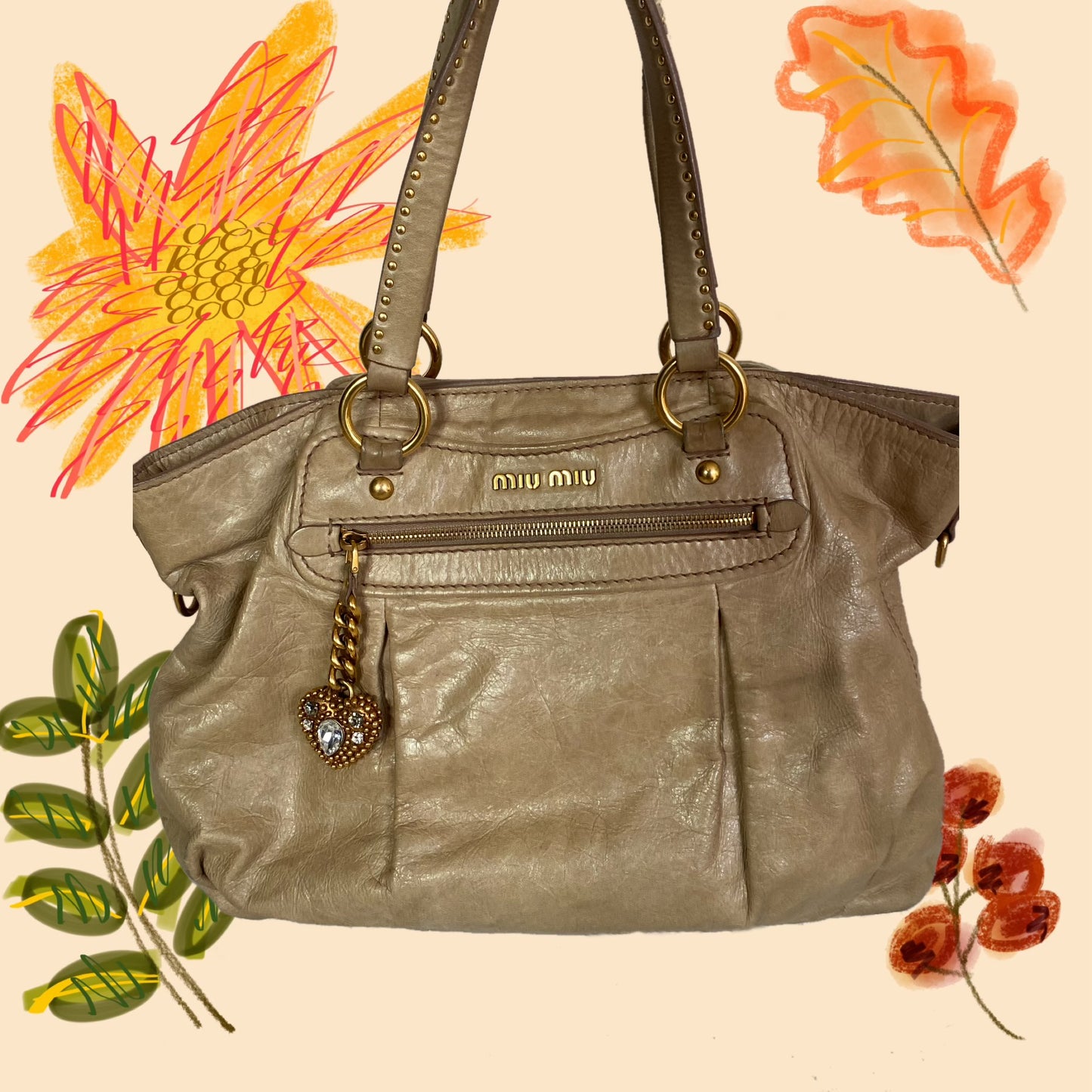 Miu Miu Vitello Lux Studded Heart Charm Tote Bag Beige