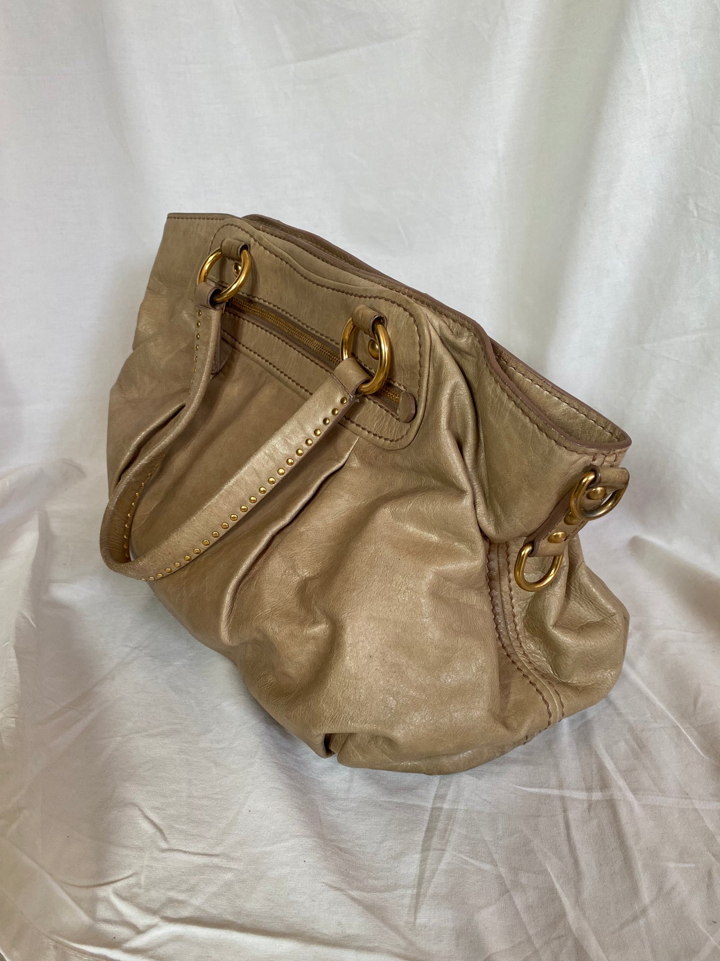Miu Miu Vitello Lux Studded Heart Charm Tote Bag Beige