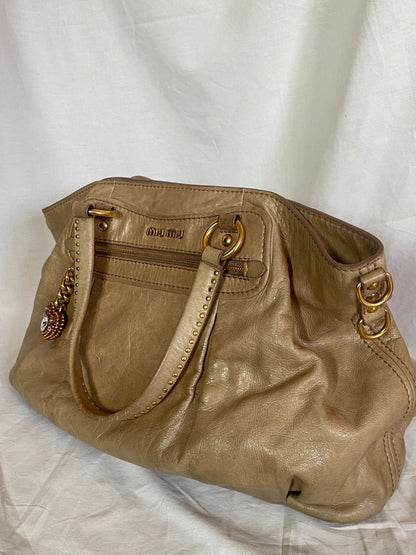 Miu Miu Vitello Lux Studded Heart Charm Tote Bag Beige