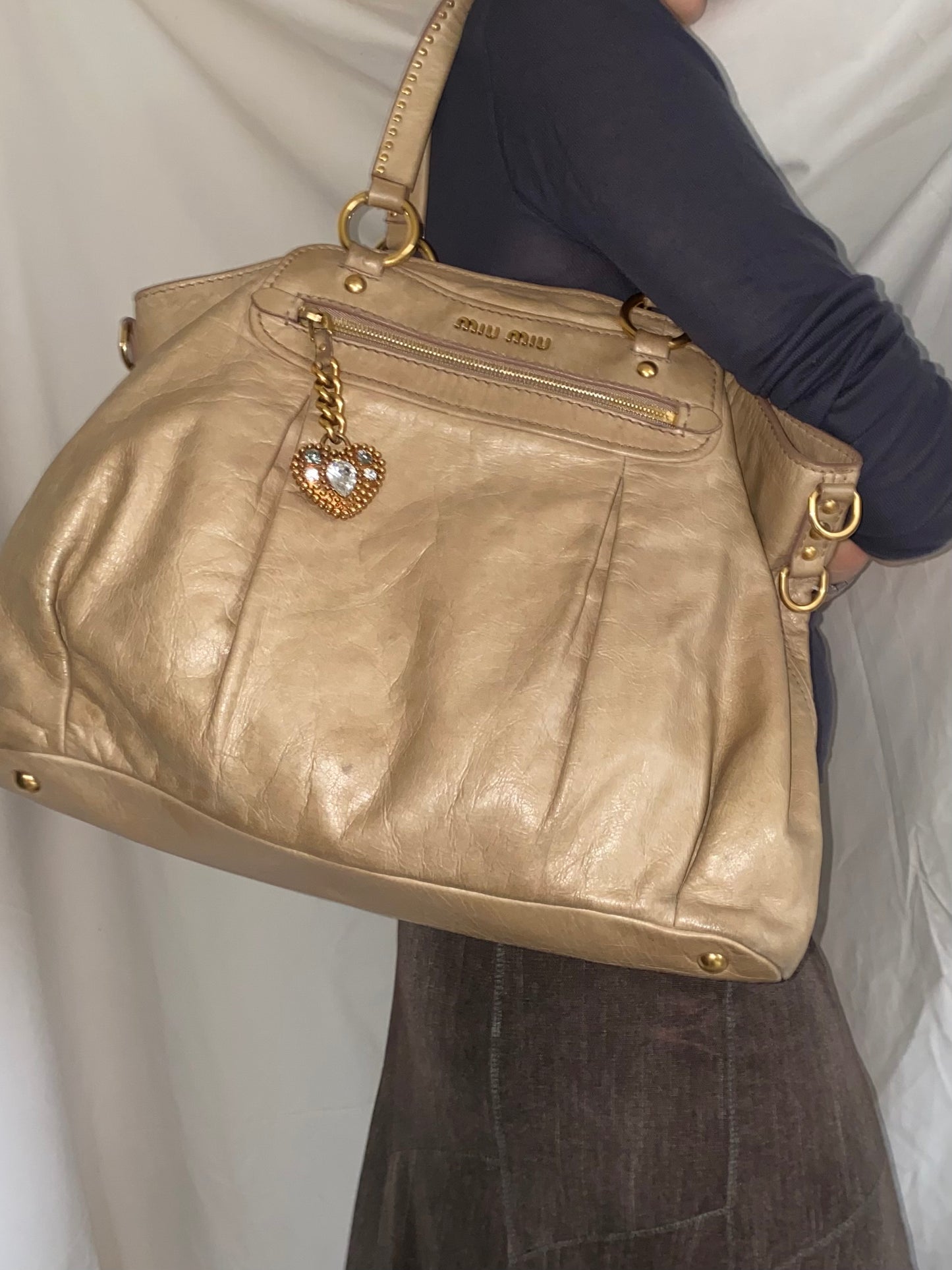 Miu Miu Vitello Lux Studded Heart Charm Tote Bag Beige