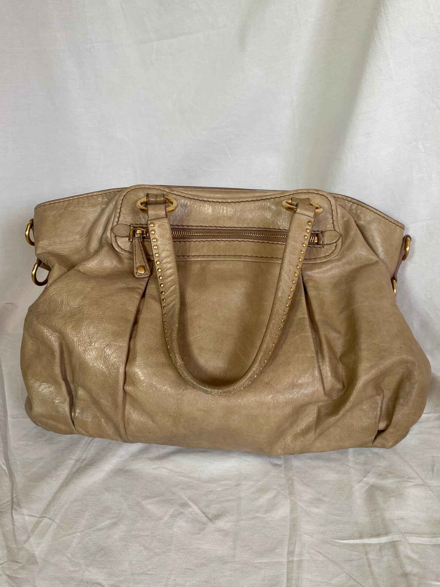 Miu Miu Vitello Lux Studded Heart Charm Tote Bag Beige