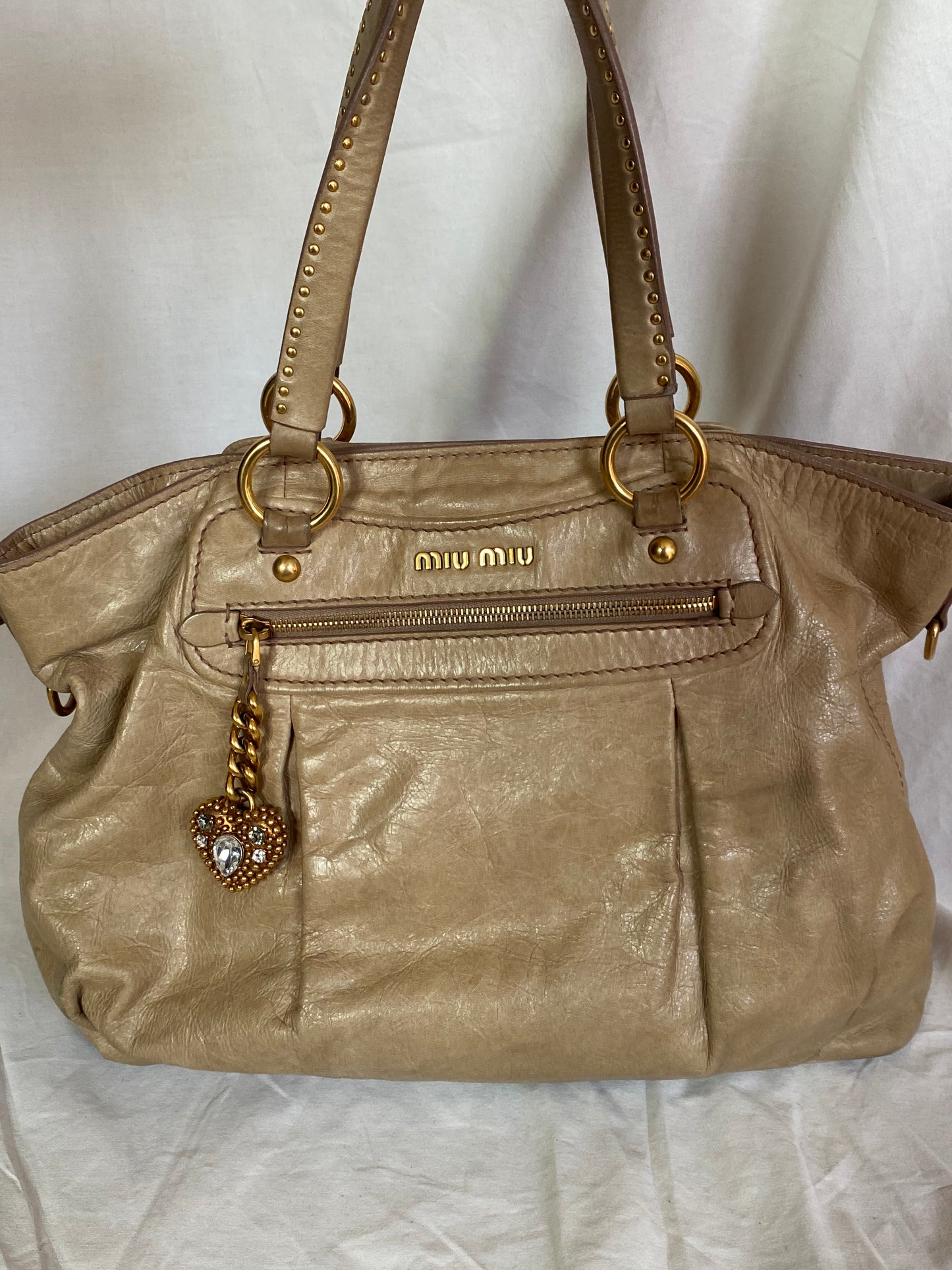 Miu Miu Vitello Lux Studded Heart Charm Tote Bag Beige