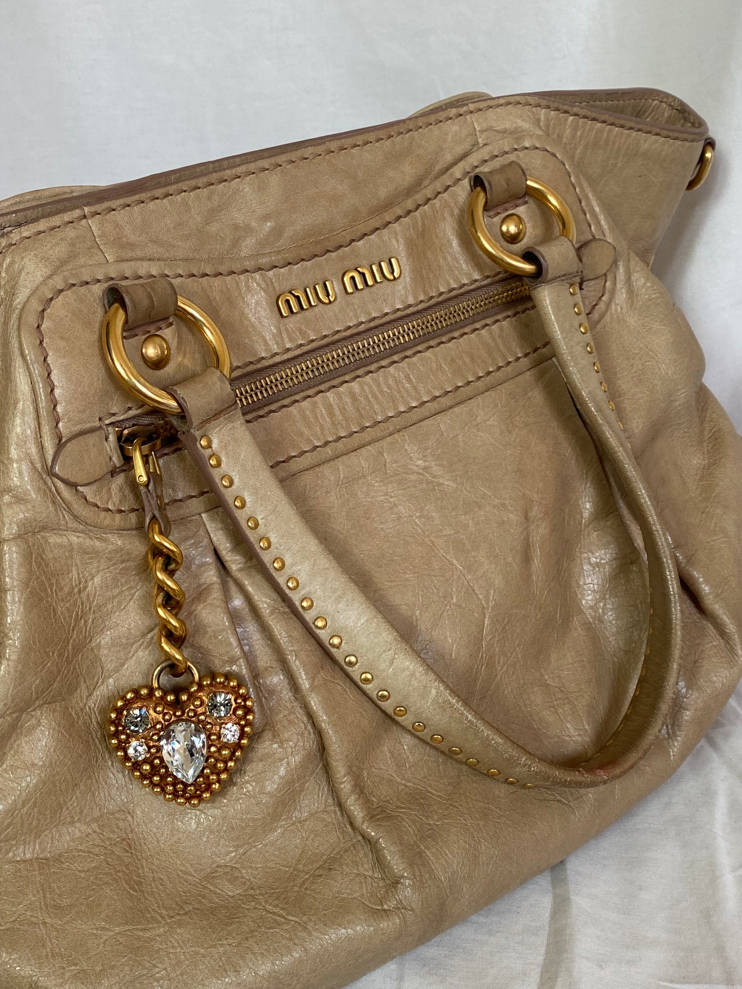 Miu Miu Vitello Lux Studded Heart Charm Tote Bag Beige