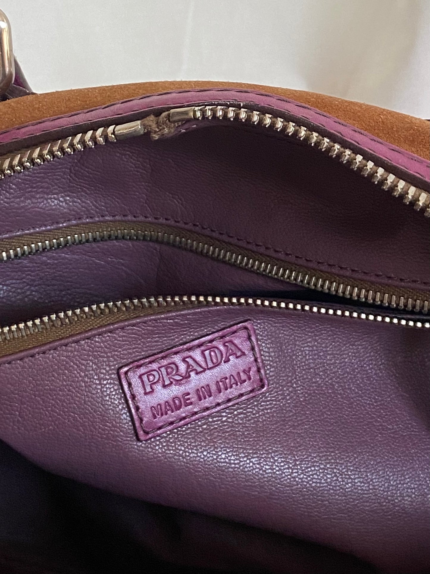 Prada Vitello-Trimmed Canapa Bowler Bag Suede, Pink Trim Leather Details