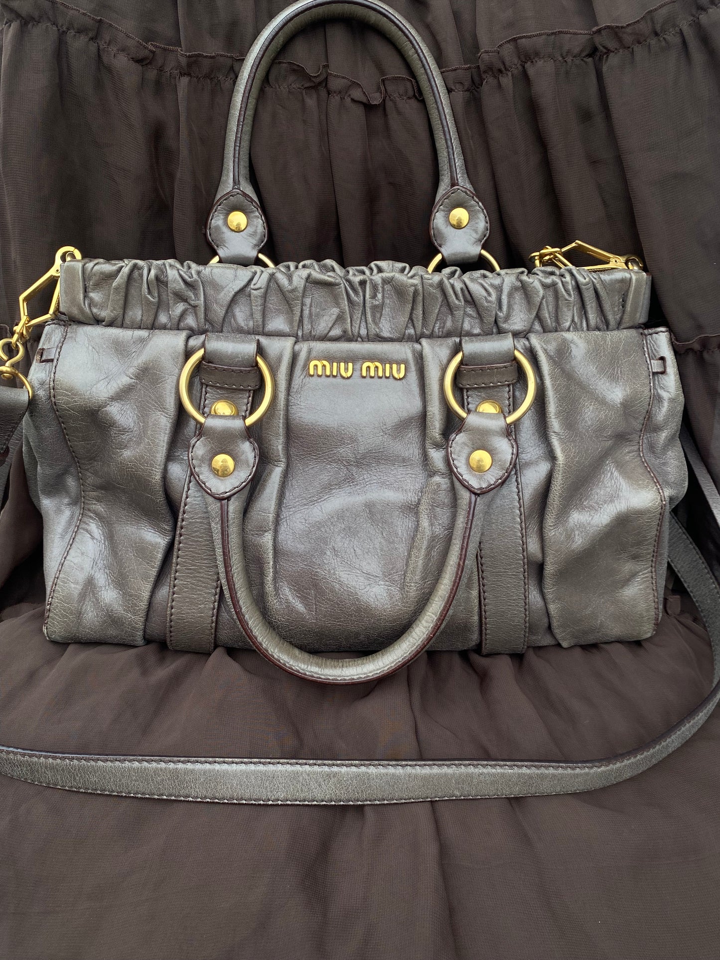 Miu Miu Vitello Lux 2-Way Leather Handbag Grey