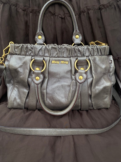 Miu Miu Vitello Lux 2-Way Leather Handbag Grey