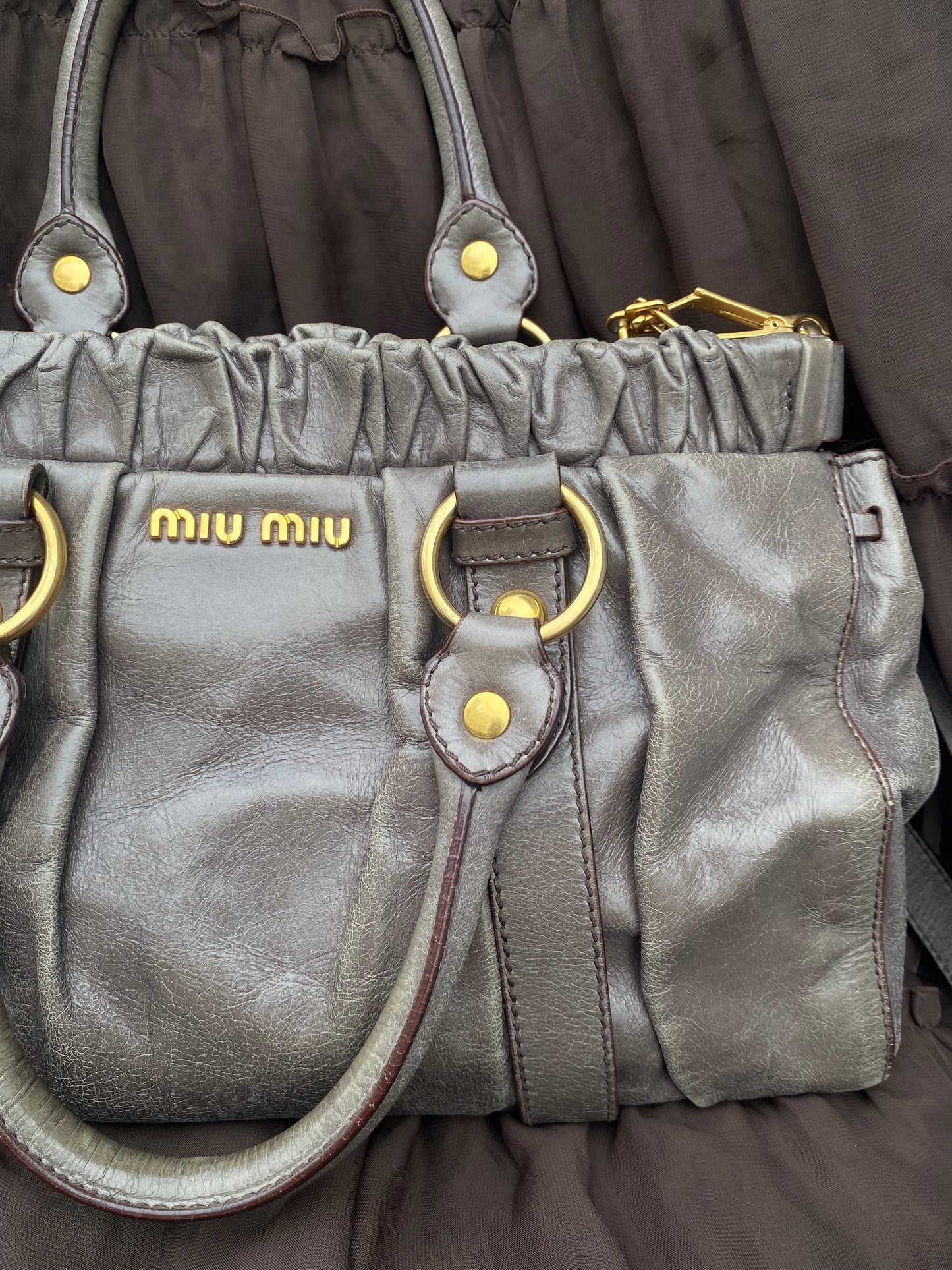 Miu Miu Vitello Lux 2-Way Leather Handbag Grey