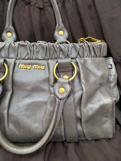 Miu Miu Vitello Lux 2-Way Leather Handbag Grey