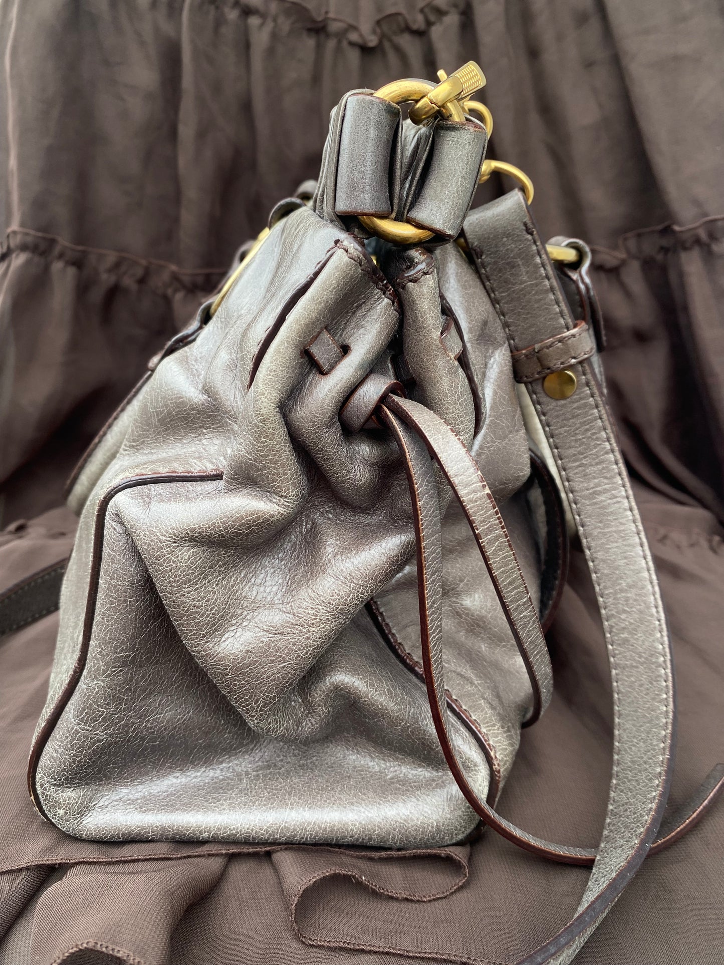 Miu Miu Vitello Lux 2-Way Leather Handbag Grey