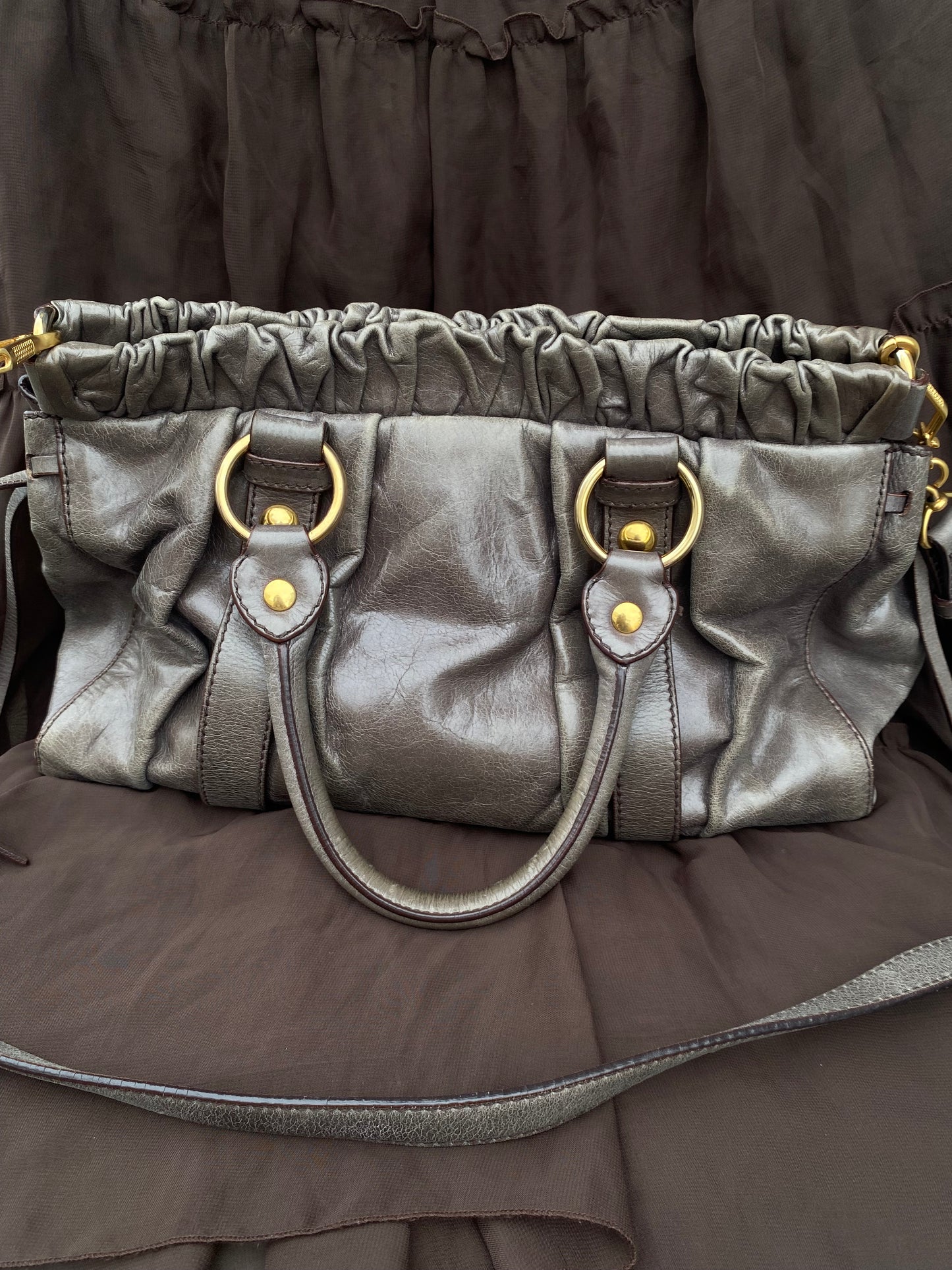 Miu Miu Vitello Lux 2-Way Leather Handbag Grey