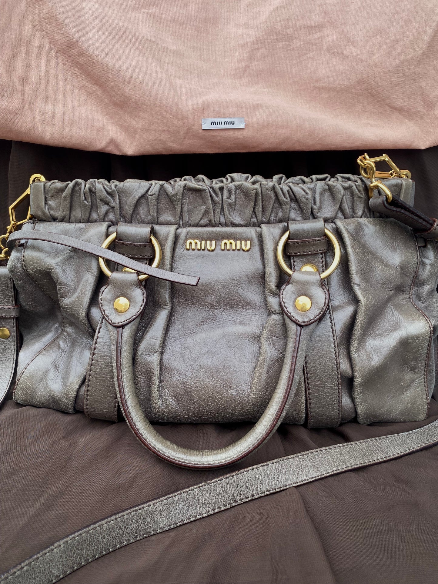 Miu Miu Vitello Lux 2-Way Leather Handbag Grey
