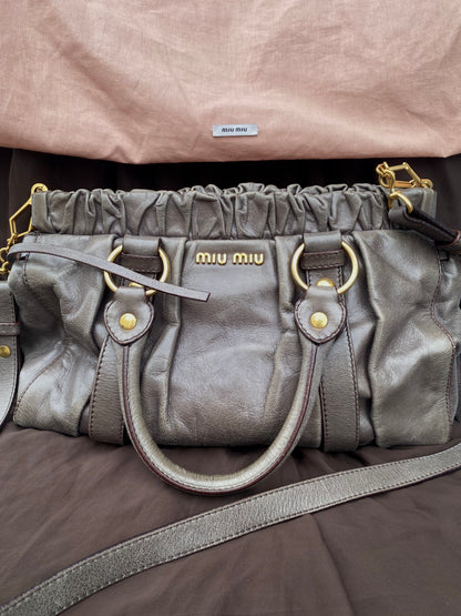 Miu Miu Vitello Lux 2-Way Leather Handbag Grey