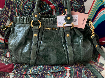 Miu Miu Vitello Lux 2-Way Leather Handbag Emerald Green
