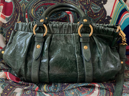 Miu Miu Vitello Lux 2-Way Leather Handbag Emerald Green