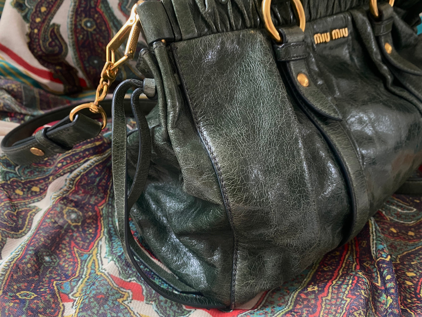 Miu Miu Vitello Lux 2-Way Leather Handbag Emerald Green