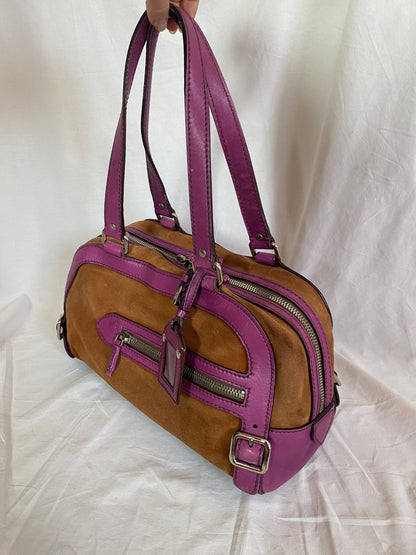 Prada Vitello-Trimmed Canapa Bowler Bag Suede, Pink Trim Leather Details