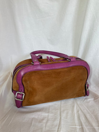Prada Vitello-Trimmed Canapa Bowler Bag Suede, Pink Trim Leather Details