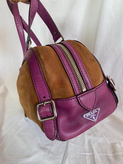 Prada Vitello-Trimmed Canapa Bowler Bag Suede, Pink Trim Leather Details