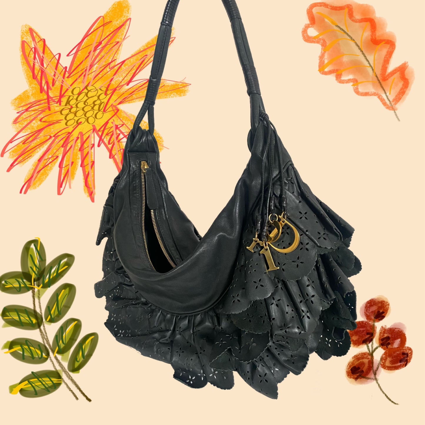 Christian Dior Gypsy Ruffled Shoulder Bag Black